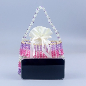 Handmade beaded rainbow handbag with gradient acrylic beads and satin drawstring bag