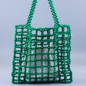 Handmade Acrylic Beaded Handbag For Women Hollow Out Woven Tote Bag Green Retro Style With Drawstring Inner Pouch