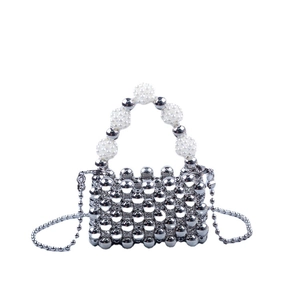 Mini beaded handbag with silver and pearl checkerboard pattern and chain strap