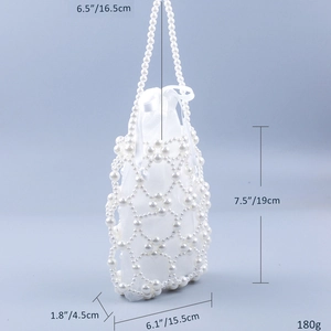 Detailed size specifications for handmade white pearl beaded handbag with satin drawstring liner