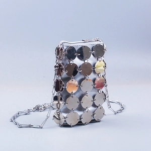 Sparkly silver sequin phone bag with handmade metallic discs and long chain strap