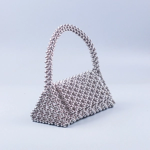 Silver beaded handmade top handle bag with metallic finish for evening party fashion