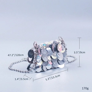 Detailed size view of silver sequin mini bag with bead chain and dimensions labels