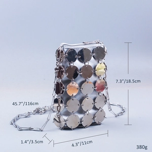 Detailed dimensions of silver sequin crossbody phone bag with metal chain strap