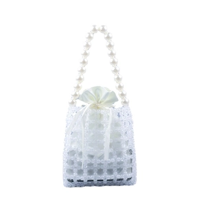 French style handmade white beaded handbag with faux pearl handle and satin drawstring pouch