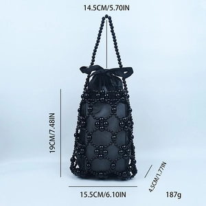 Detailed dimensions of black beaded handbag with bow and satin drawstring liner