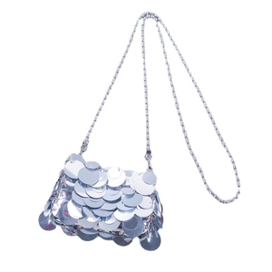 Sparkling silver sequin mini shoulder bag with metallic chain strap for parties