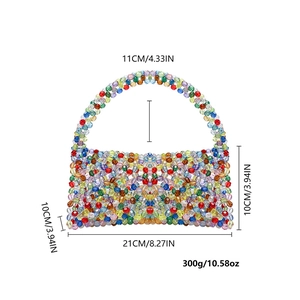 Detailed view of colorful handmade beaded bag showing dimensions and rainbow bead texture