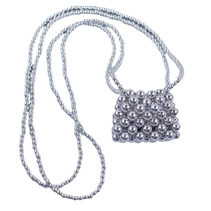 Mini borsa artigianale con perline argentate e catena metallica sferica