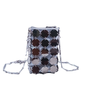 Mini silver crossbody bag with shiny metal sequins and slim chain strap for phone