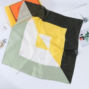 Minimalist 70cm geometric silk square scarf with olive green and yellow color blocking