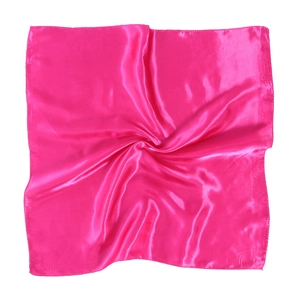Detail of rose pink satin square scarf featuring glossy finish and fine hem stitching