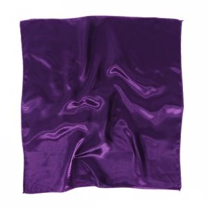Detailed view of dark purple satin silk square scarf with glossy finish and overlocked edges