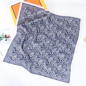 Blue and white paisley silk-like square scarf with elegant cream border for women