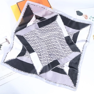 Elegant 70cm square silk scarf with black, white, and grey color block logo print