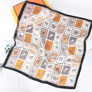 70cm satin square scarf with orange horse equestrian print and checked patterns