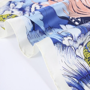 70cm square silk scarf featuring blue Great Wave pattern for elegant women's neckwear