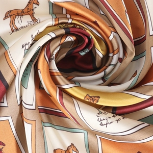 70cm silk-like scarf featuring horse print and grid patterns in warm earthy tones