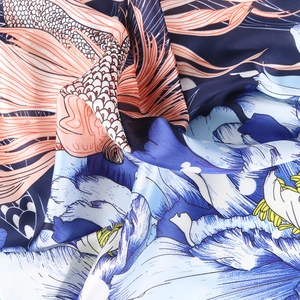70cm square silk scarf featuring traditional koi fish and wave patterns on blue satin fabric