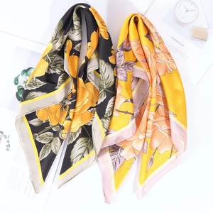 Elegant 70cm floral silk scarves featuring realistic rose prints in black and yellow