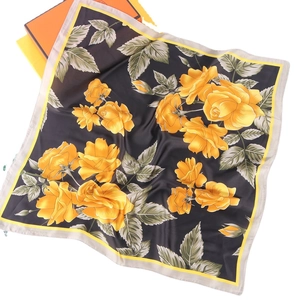 70cm elegant floral silk scarf featuring yellow roses on a black background for women