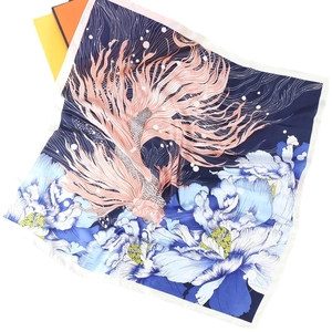 70cm navy square silk scarf featuring orange goldfish and blue peony floral prints