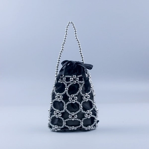 Handmade silver beaded bucket bag with black satin drawstring lining and ribbon bow