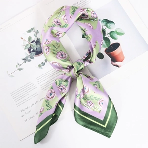 Elegant light green 70cm silk scarf with floral print and deep green border detail