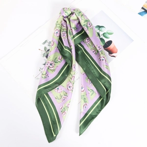 70cm floral print silk square scarf in lavender and green with smooth satin texture