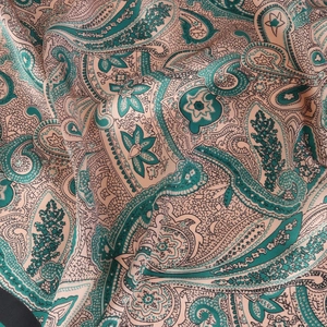 70cm paisley silk scarf in lake green and pink with elegant fold texture