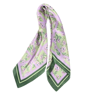 70cm floral print silk scarf featuring purple blossoms and green checkered patterns