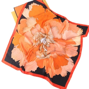 Satin peony floral print square silk scarf with gift box, orange and black colors