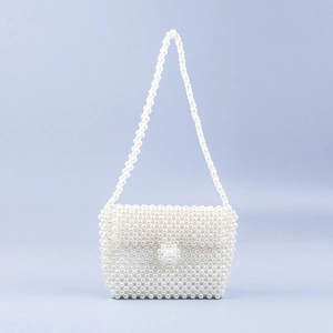 Handmade white acrylic beaded shoulder bag with minimalist rectangular design