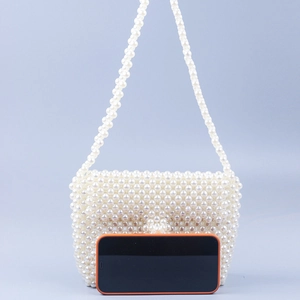 Elegant white handmade acrylic pearl beaded square crossbody bag with shoulder strap