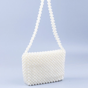 Elegant white acrylic pearl beaded square shoulder bag with minimalist woven strap