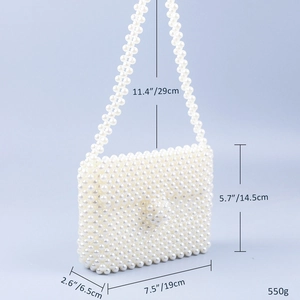 Detailed view of handmade white acrylic beaded handbag with 19x14.5x6.5cm dimensions