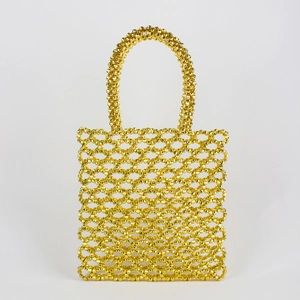 Sac à main fait main en perles dorées avec tissage géométrique ajouré et anse chic