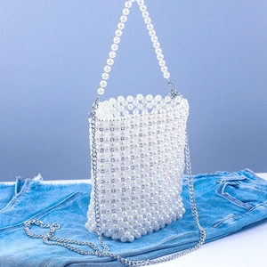 Handmade white pearl beaded bucket bag with detachable silver chain and top handle