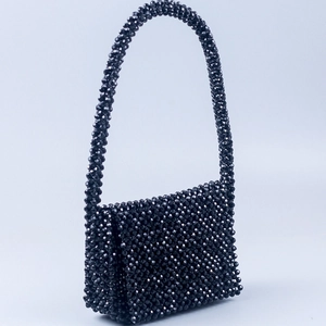 Handmade black acrylic beaded shoulder bag with U-shaped handle for summer evening events