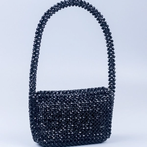 Handmade black acrylic beaded shoulder bag with elegant U-shaped top handle