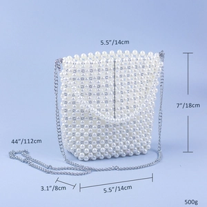 Detailed dimensions of white handmade pearl bucket bag with silver metal chain strap