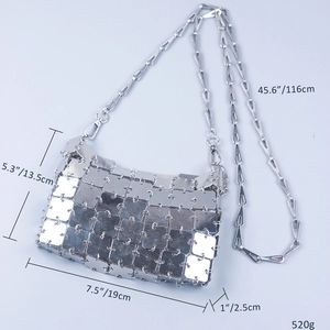 Detailed size specifications for handmade silver metallic sequin crossbody chain bag
