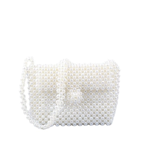 Handmade white acrylic pearl beaded square shoulder bag with minimalist woven flap design