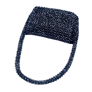 Chic black acrylic beaded handbag with U-shaped handle and woven square frame design