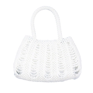 Handmade white faux pearl beaded handbag with unique wave pattern and elegant arc shape