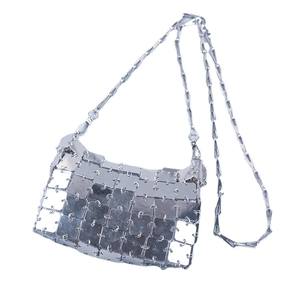 Silver metallic sequin square link chain bag with futuristic mesh design for women