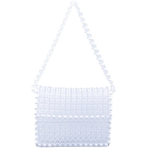 White acrylic beaded flap handbag with handmade weaving and shoulder strap for women