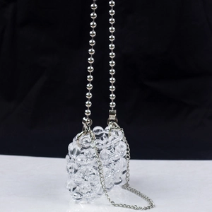 Detail of transparent beaded mini bag with silver ball handle and crossbody chain