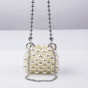 Mini pearl beaded handbag with silver metal chains and double handle for elegant women