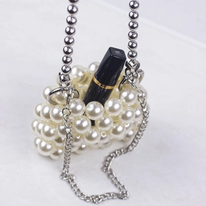 Mini pearl woven handbag with silver metal chain strap for lipstick and small items